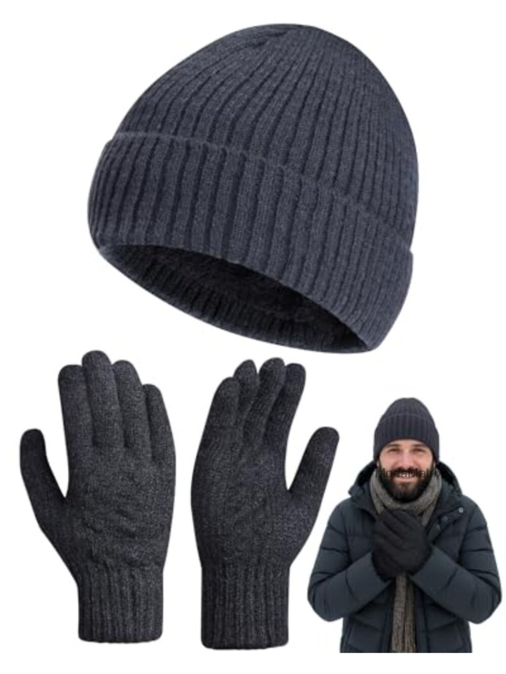 Fleece Lined Beanie and Touchscreen Gloves Set for Men